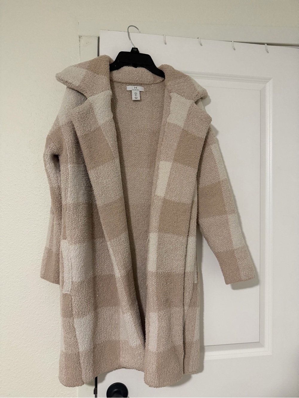 Cozy Plaid Open-Front Women's Sweater Cardigan - Beige/Cream